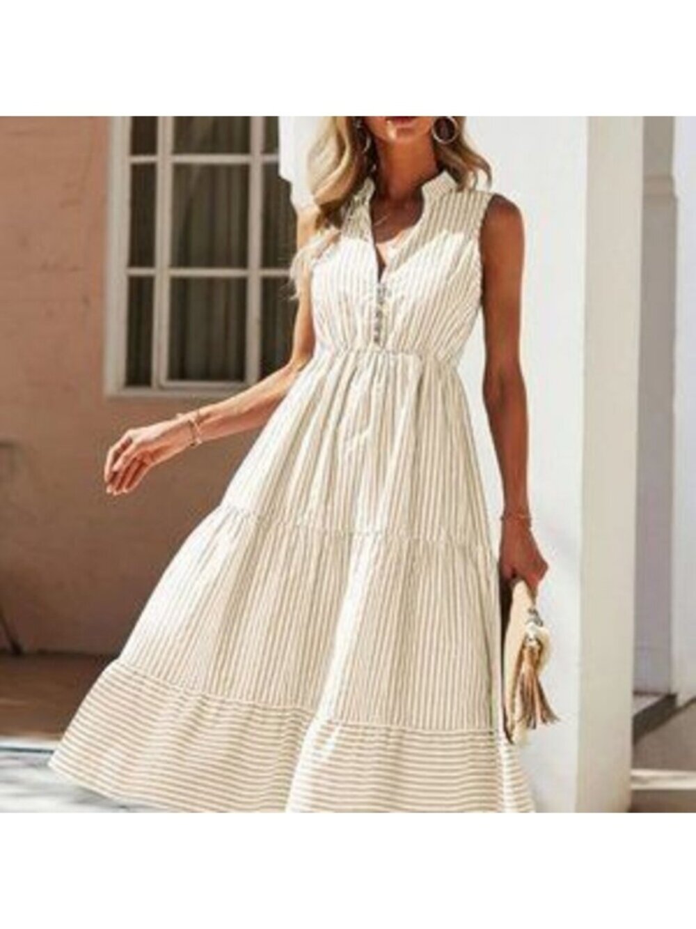 Multicolor Boho Womens Striped Print Notched Neck A-line Dress - Picture 4 of 5